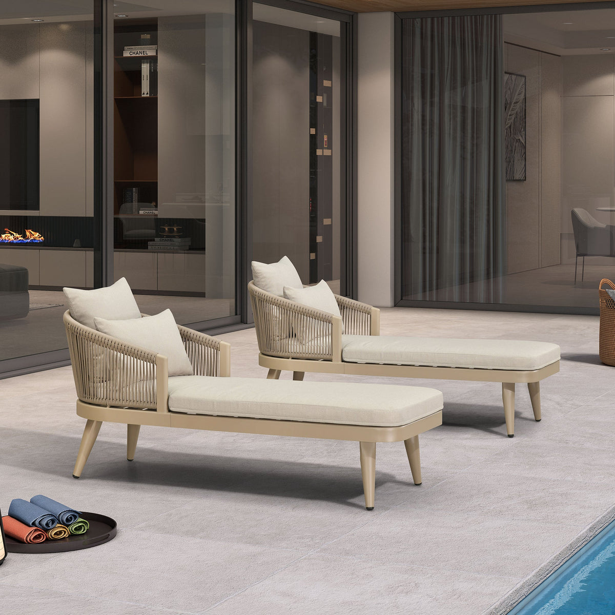 PURPLE LEAF – Chaise longue élégante de terrasse en aluminium avec oreiller, soutien lombaire et dossier en rotin PE, toutes saisons