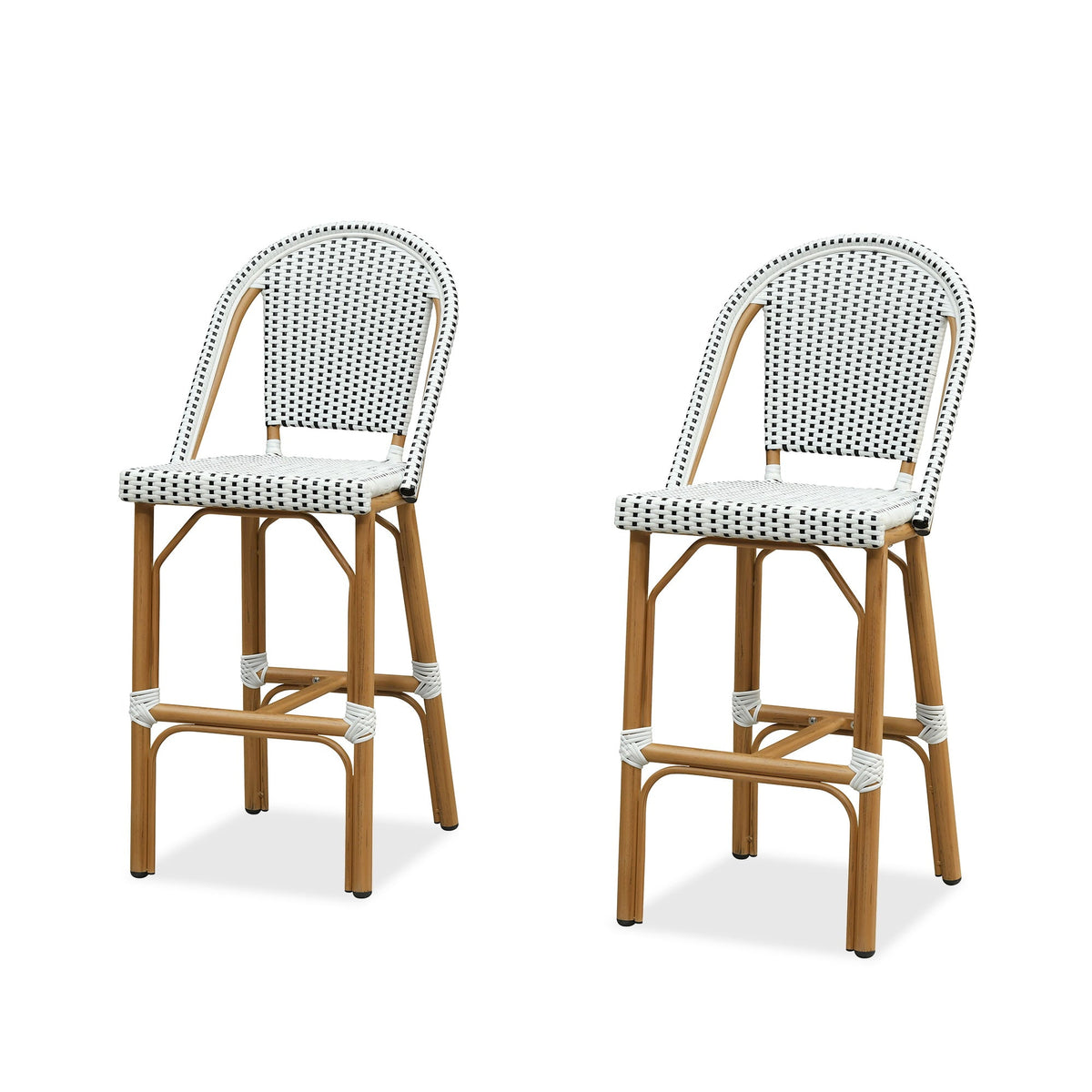 PURPLE LEAF – Lot de 2 tabourets style français hauteur comptoir avec dossier, structure en aluminium et rotin tressé pour intérieur ou extérieur