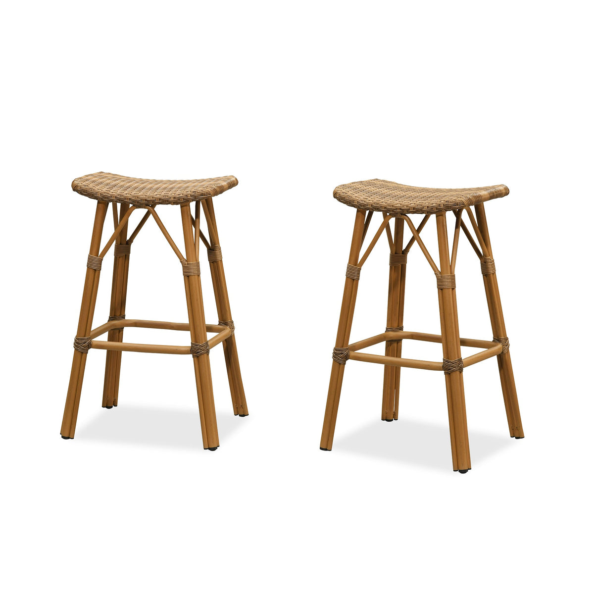 PURPLE LEAF – Lot de 2 tabourets de bar extérieurs sans dossier en rotin avec assise selle, repose-pieds et structure en aluminium toutes saisons