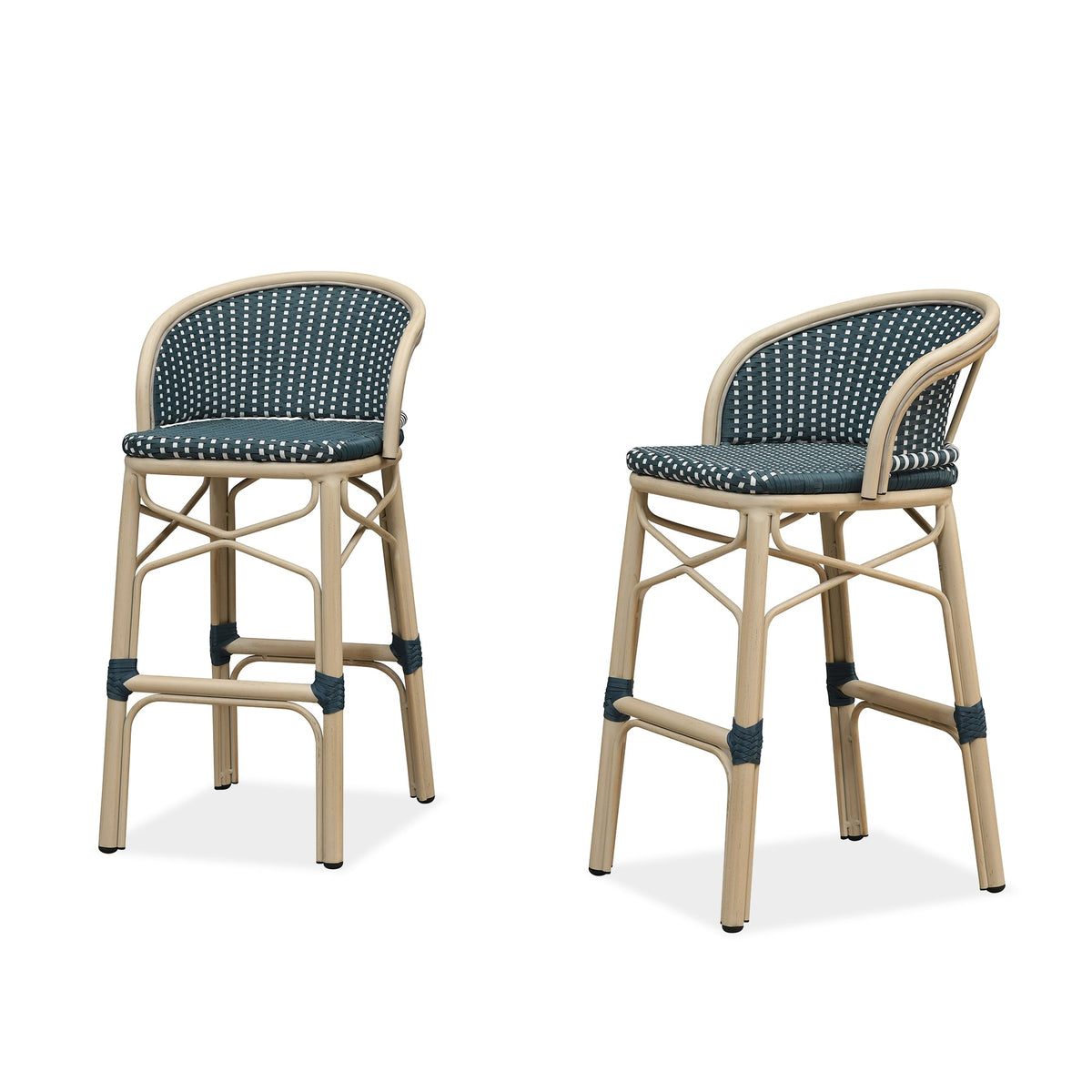 PURPLE LEAF – Lot de 2 tabourets de bar hauts extérieurs en rotin avec structure en aluminium et dossier pour cuisine, jardin ou bistrot