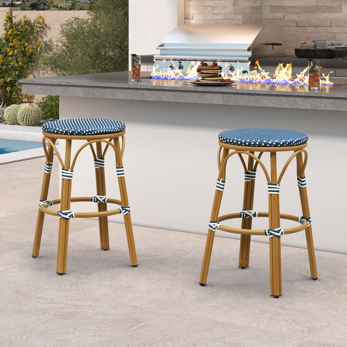 PURPLE LEAF – Lot de 2 tabourets ronds style français hauteur comptoir en rotin, sans dossier, empilables, structure en aluminium et repose-pieds