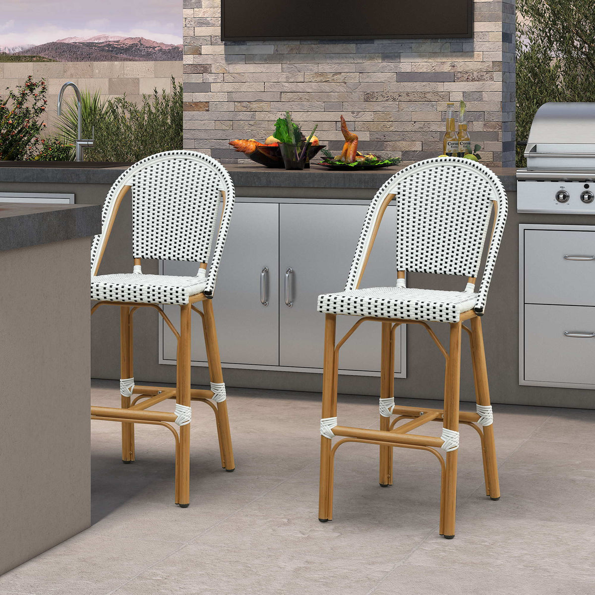 PURPLE LEAF – Lot de 2 tabourets style français hauteur comptoir avec dossier, structure en aluminium et rotin tressé pour intérieur ou extérieur