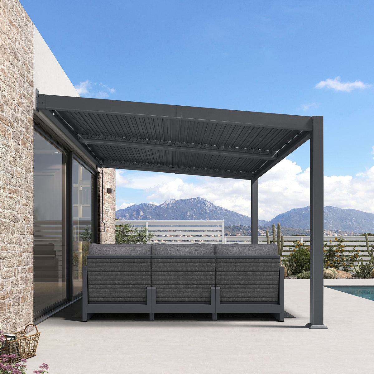 PURPLE LEAF Caesar – Pergola murale en aluminium à lames orientables avec toit réglable, drainage par gouttière dissimulée, gris foncé