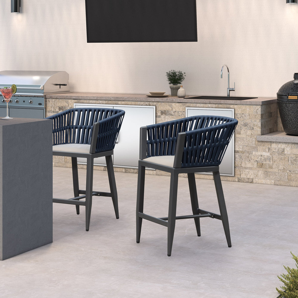 PURPLE LEAF – Lot de 2 tabourets de bar extérieurs renforcés en rotin tressé avec dossier et coussins pour jardin