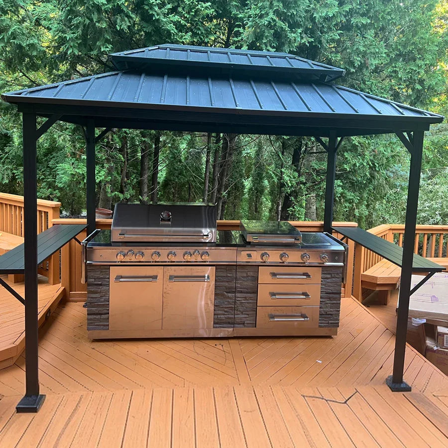 PURPLE LEAF – Pavillon à toit rigide pour barbecue, toit métallique permanent gris, auvent d’ombrage et guirlande lumineuse