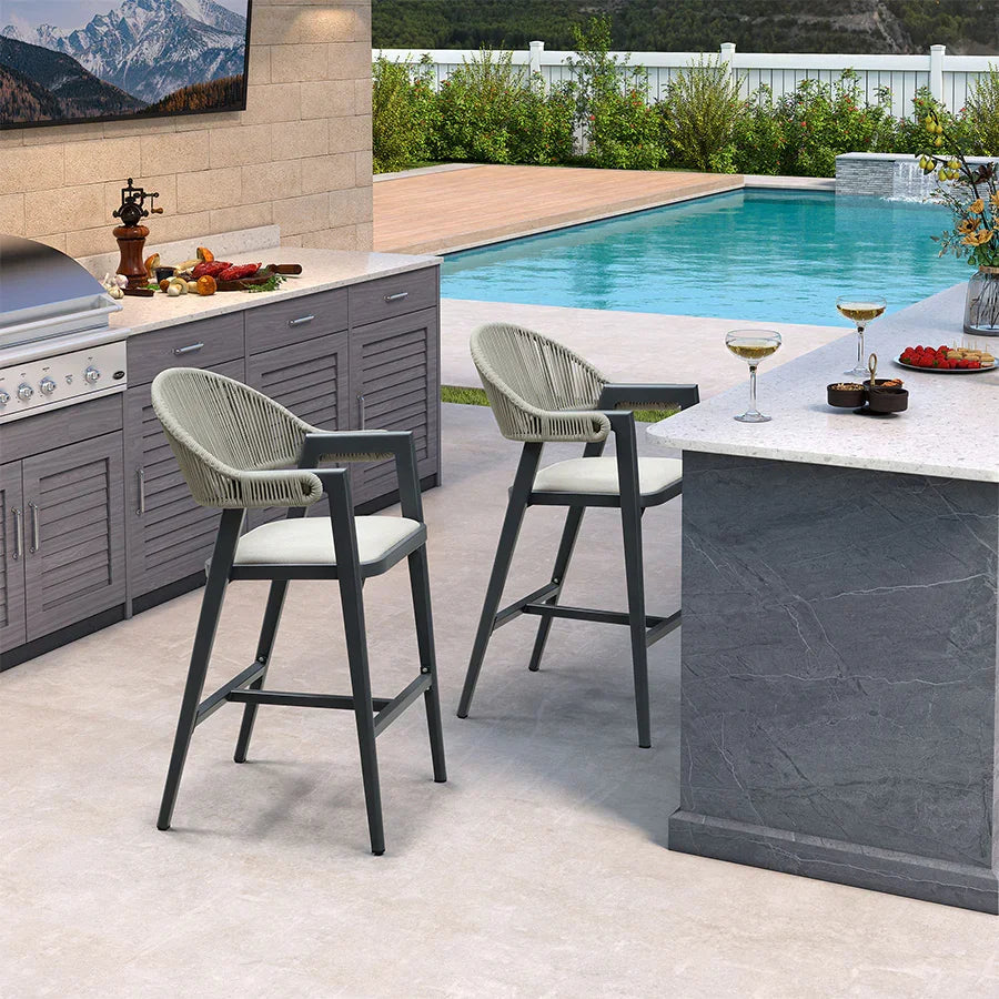 Déstockage – PURPLE LEAF – Tabouret de bar extérieur en rotin avec dossier et structure en aluminium, style moderne pour terrasse, jardin ou cuisine
