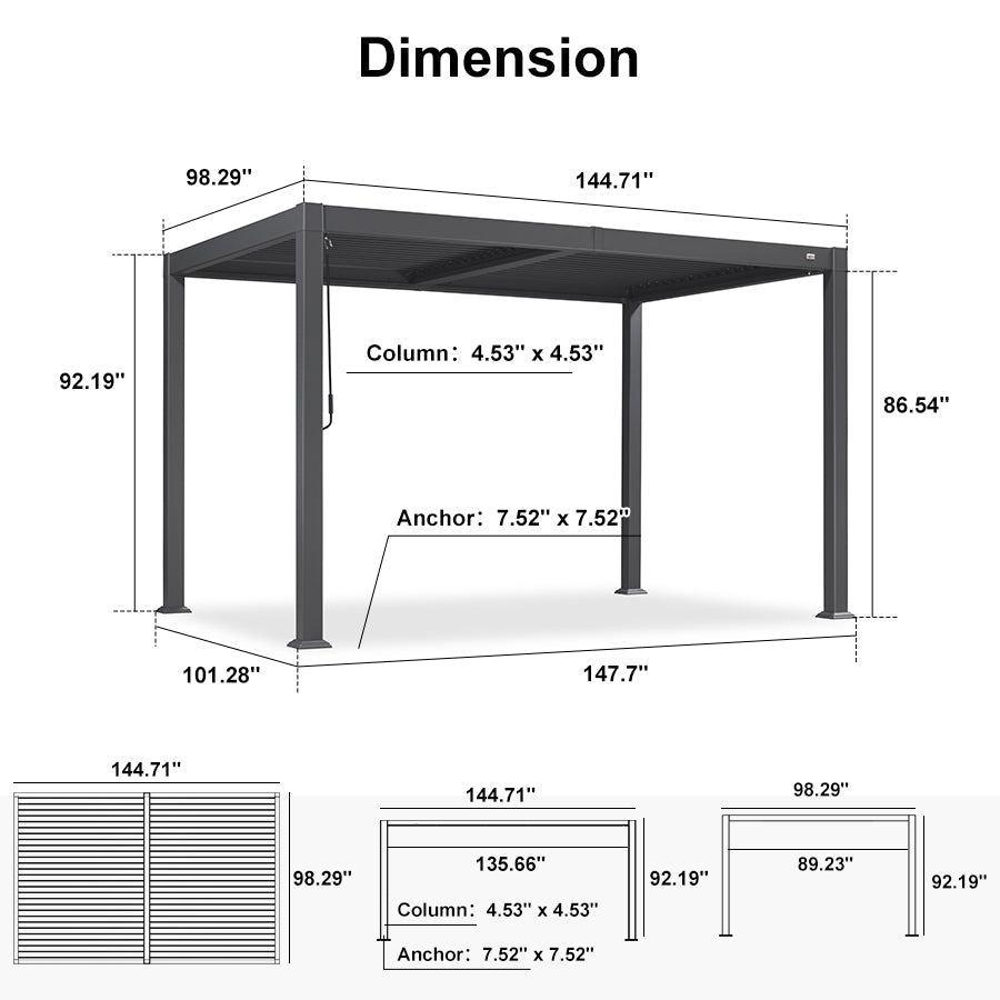 PURPLE LEAF Caesar – Pergola extérieure à lames orientables avec toit rigide réglable, gris