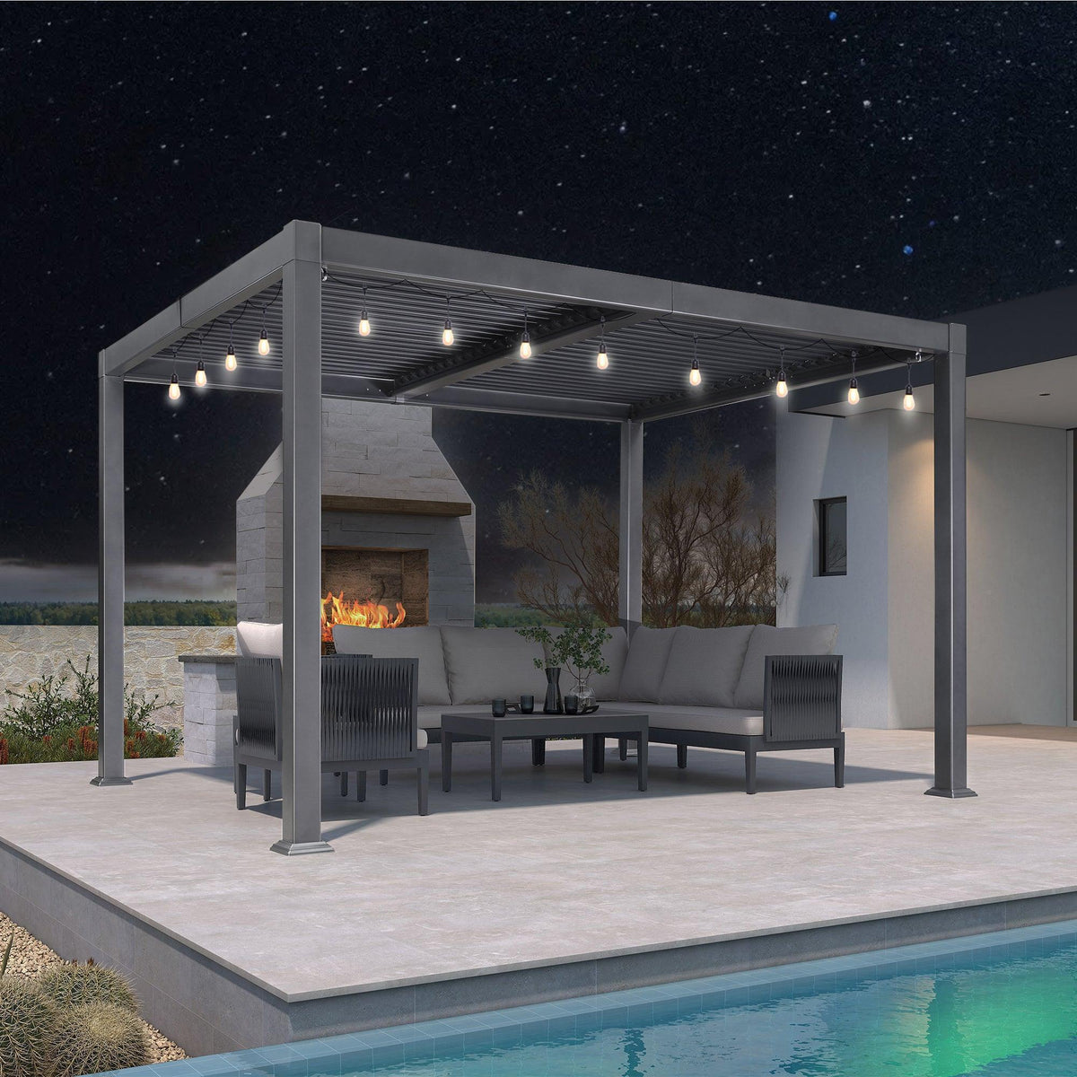 PURPLE LEAF Caesar – Pergola en aluminium à lames orientables avec guirlande Milky et toit indépendant réglable étanche à la pluie, éclairage Milky