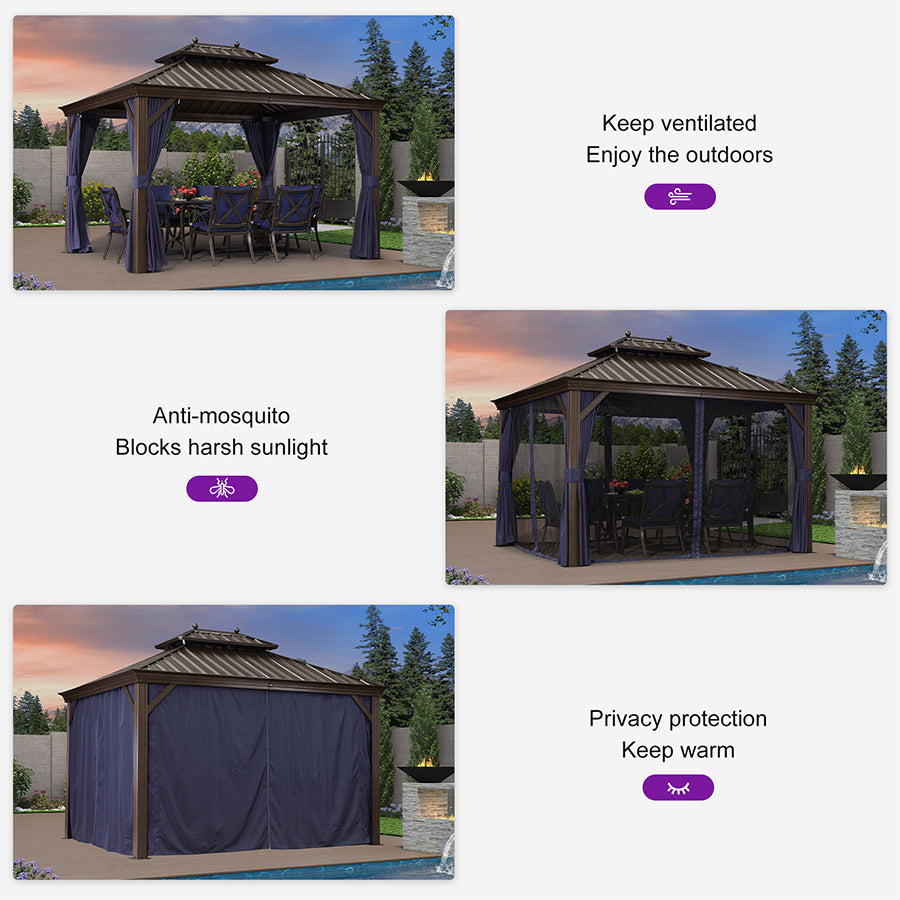 PURPLE LEAF – Pavillon extérieur à toit rigide pour terrasse, structure en aluminium bronze avec rideau bleu marine
