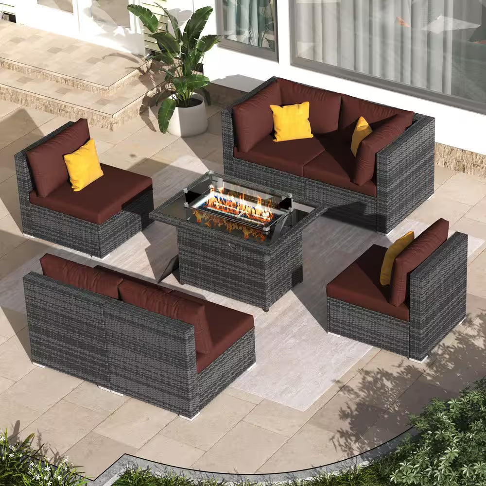 Grand ensemble salon d’angle de terrasse 7 pièces en résine tressée Charcoal avec brasero et coussins Dark Red