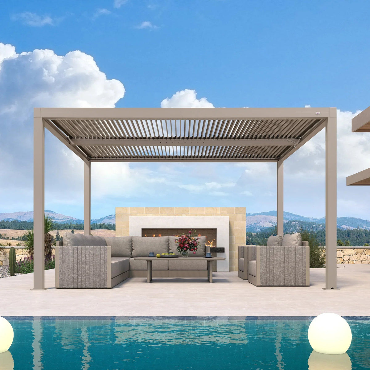 PURPLE LEAF Athena – Pergola moderne Champagne à lames orientables avec toit réglable pour terrasse et jardin
