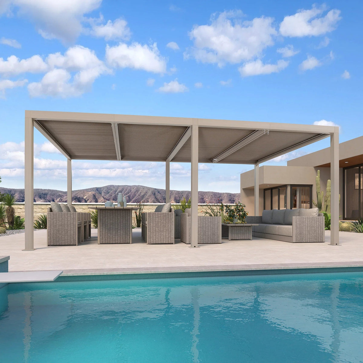 PURPLE LEAF Athena – Pergola moderne Champagne à lames orientables avec toit réglable pour terrasse et jardin