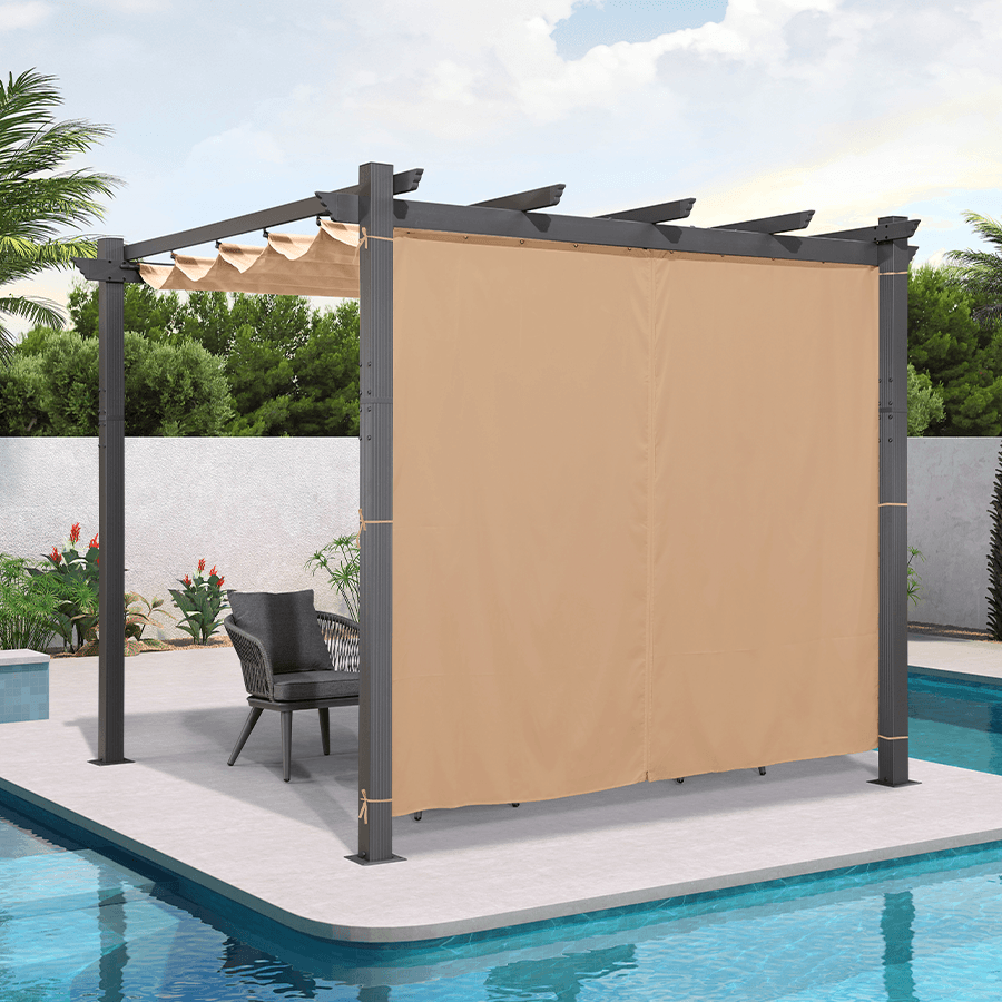 PURPLE LEAF – Pergola extérieure en aluminium avec auvent rétractable et rideaux pour plage, porche et jardin