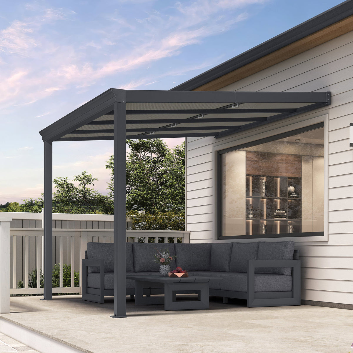PURPLE LEAF – Pavillon mural avec toit gris en polycarbonate, structure en aluminium et stores plissés rétractables pour porche