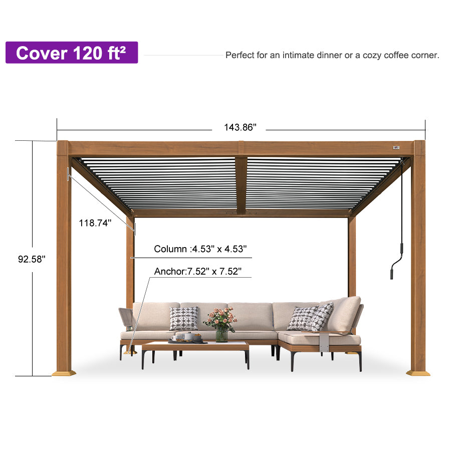 PURPLE LEAF Caesar – Pergola en aluminium à lames orientables avec éclairage jaune, structure effet bois, toit gris rigide et réglable