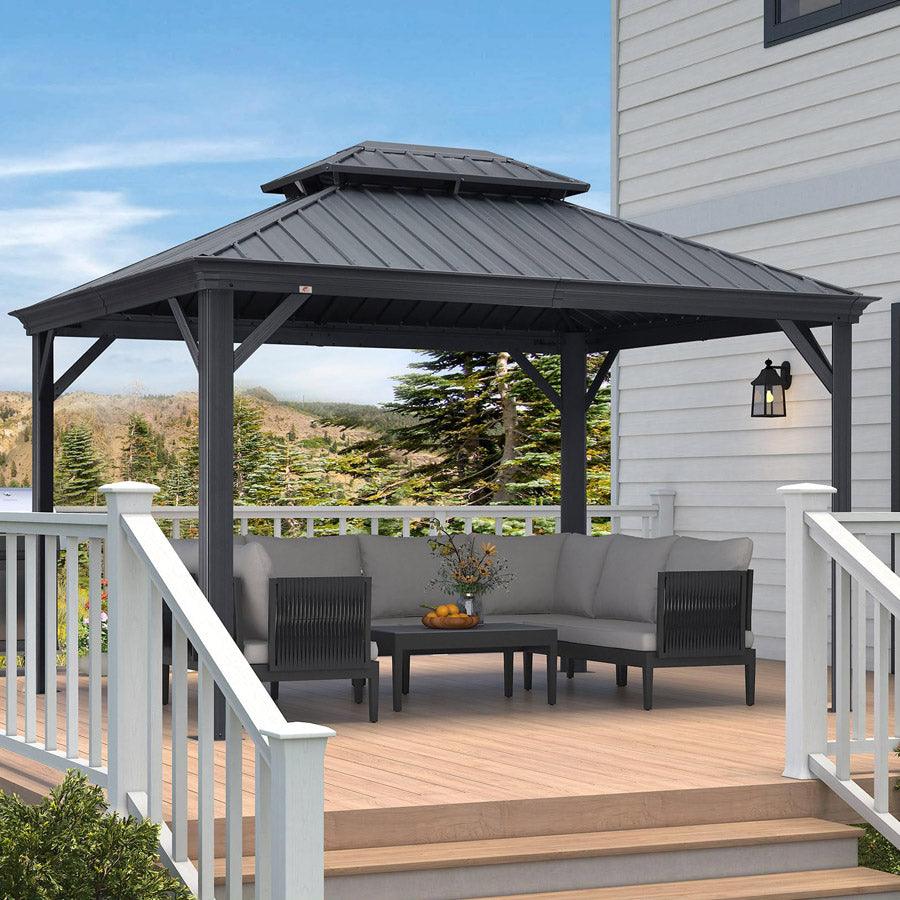 PURPLE LEAF – Pavillon de terrasse pour jardin, toit rigide gris en acier galvanisé (rideaux non inclus)