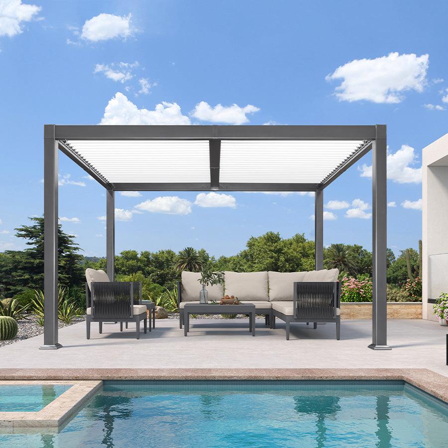 PURPLE LEAF Caesar – Pergola extérieure à lames orientables avec toit rigide réglable, structure grise et toit blanc