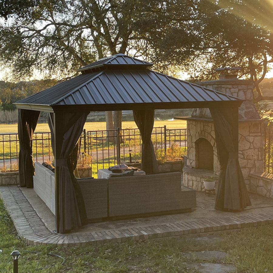 PURPLE LEAF – Pavillon de terrasse pour jardin, toit rigide gris en acier galvanisé avec rideau amélioré