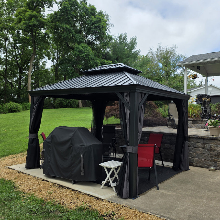 PURPLE LEAF – Pavillon de terrasse pour jardin, toit rigide gris en acier galvanisé avec rideau amélioré
