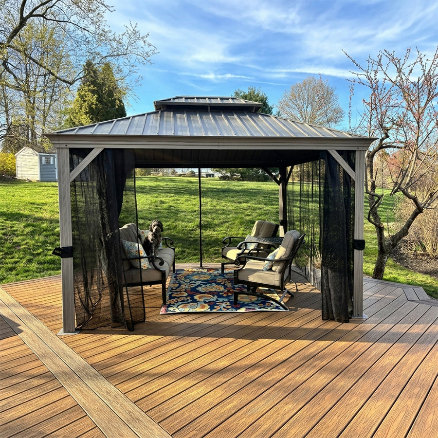 PURPLE LEAF – Pavillon de terrasse pour piscine, toit rigide gris clair en acier galvanisé avec rideaux améliorés