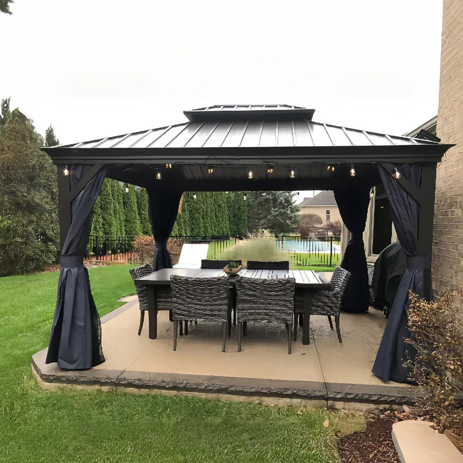 PURPLE LEAF – Pavillon extérieur à toit rigide pour terrasse, structure en aluminium bronze avec rideau bleu marine