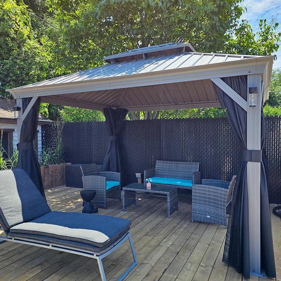 PURPLE LEAF – Pavillon de terrasse pour piscine, toit rigide gris clair en acier galvanisé avec rideaux améliorés
