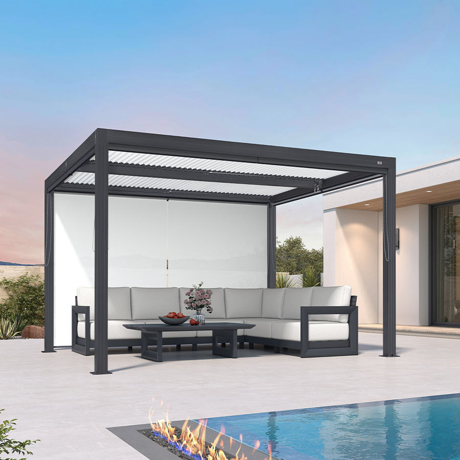 PURPLELEAF – Stores enrouleurs extérieurs unis blancs avec structure grise pour pergolas à lames orientables, isolation thermique, tissu UV et imperméable