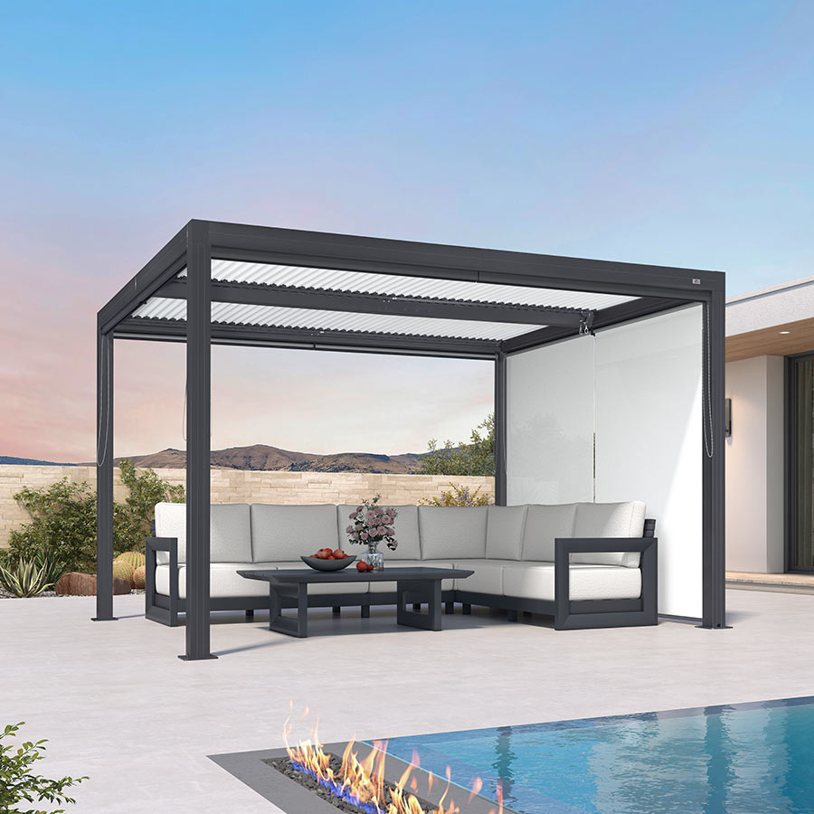 PURPLELEAF – Stores enrouleurs extérieurs unis blancs avec structure grise pour pergolas à lames orientables, isolation thermique, tissu UV et imperméable