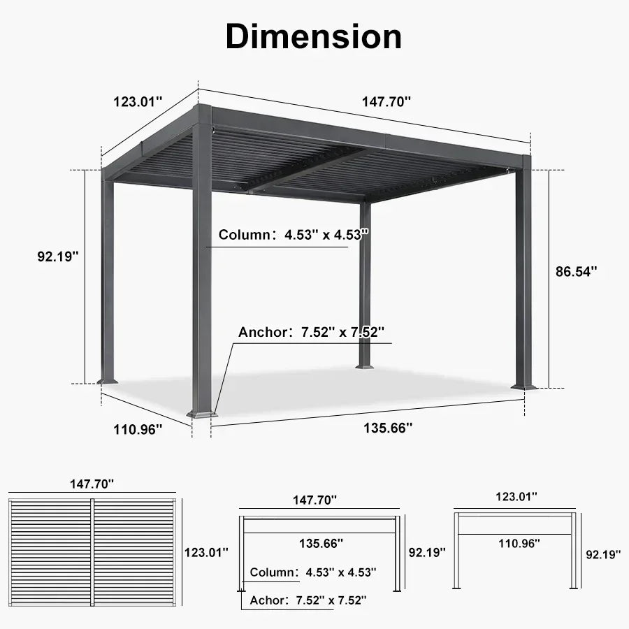 PURPLE LEAF Caesar – Pergola extérieure à lames orientables avec toit rigide réglable, gris