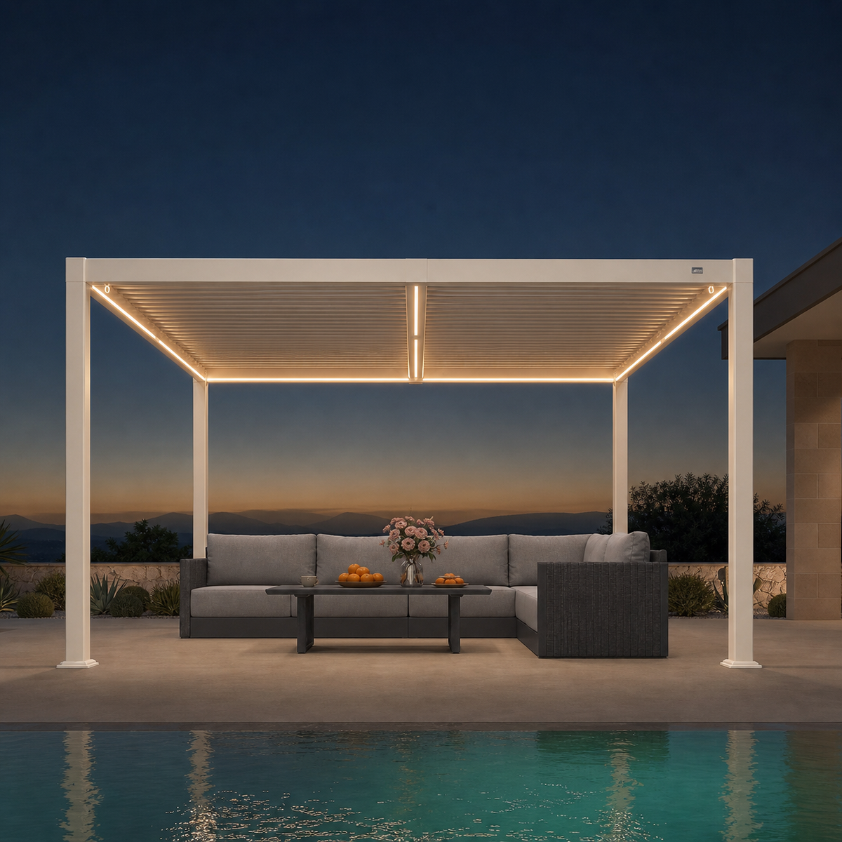 PURPLE LEAF Caesar LED – Pergola à lames orientables en aluminium avec rubans solaires intégrés, lames réglables et résistance au vent, blanc