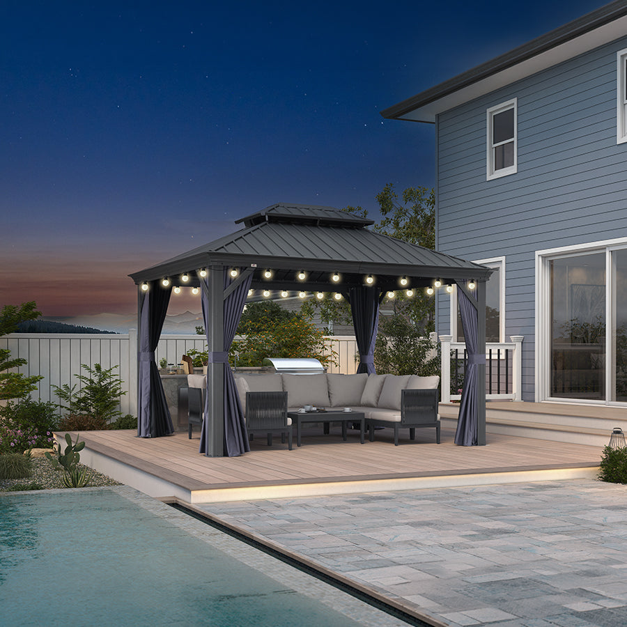 PURPLE LEAF – Pavillon extérieur à toit rigide pour terrasse, structure en aluminium grise, rideau bleu marine et guirlande lumineuse