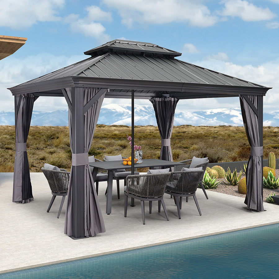 PURPLE LEAF – Pavillon de terrasse pour jardin, toit rigide gris en acier galvanisé avec tige de renfort