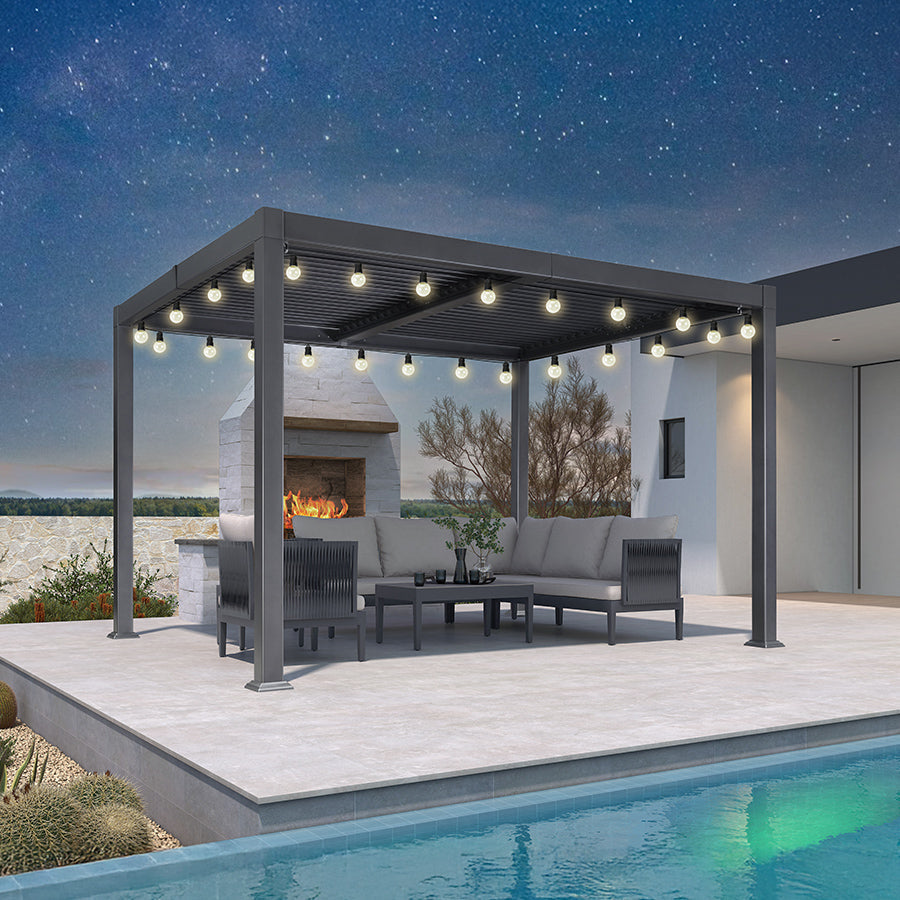 PURPLE LEAF Caesar – Pergola en aluminium à lames orientables avec guirlande lumineuse jaune et toit rigide indépendant réglable et étanche à la pluie