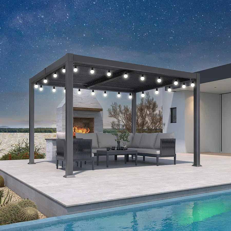 PURPLE LEAF Caesar – Pergola en aluminium à lames orientables avec guirlande Milky et toit indépendant réglable étanche à la pluie, éclairage Milky