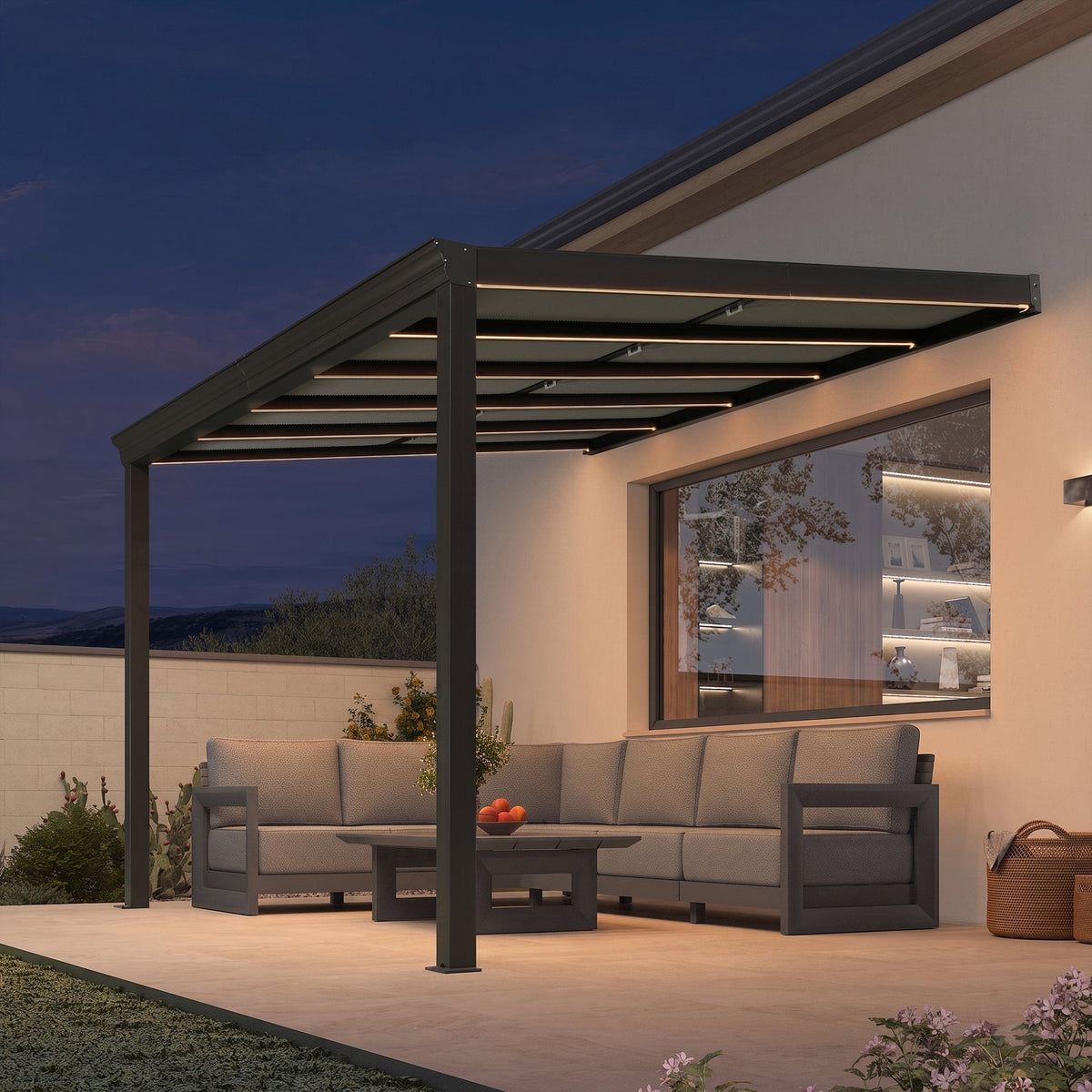 PURPLE LEAF – Pavillon mural avec toit gris en polycarbonate, structure en aluminium, stores plissés rétractables et ruban LED