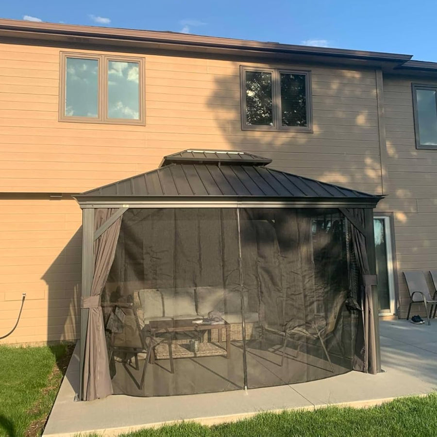 PURPLE LEAF – Pavillon de terrasse pour jardin, toit rigide gris en acier galvanisé avec rideau amélioré