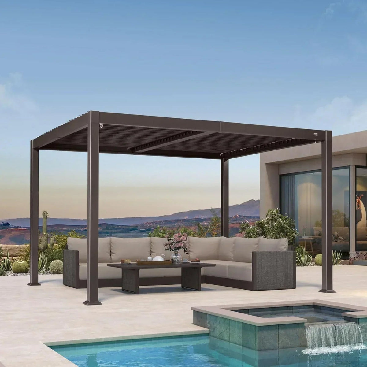 PURPLE LEAF Caesar – Pergola extérieure moderne en aluminium à lames orientables réglables avec éclairage jaune