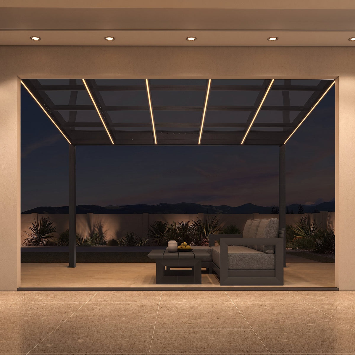PURPLE LEAF – Pavillon mural avec toit gris en polycarbonate, structure en aluminium et ruban lumineux pour porche