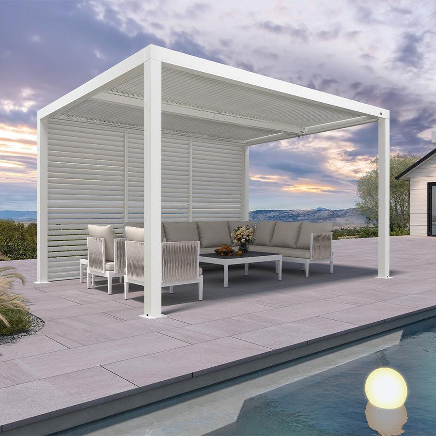 PURPLE LEAF Athena – Pergola extérieure blanche en aluminium à lames orientables avec paroi à volets, réglable et étanche à la pluie