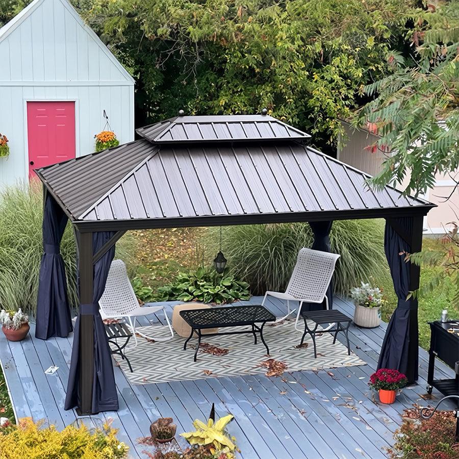 PURPLE LEAF – Pavillon extérieur à toit rigide pour terrasse, structure en aluminium bronze avec rideau bleu marine