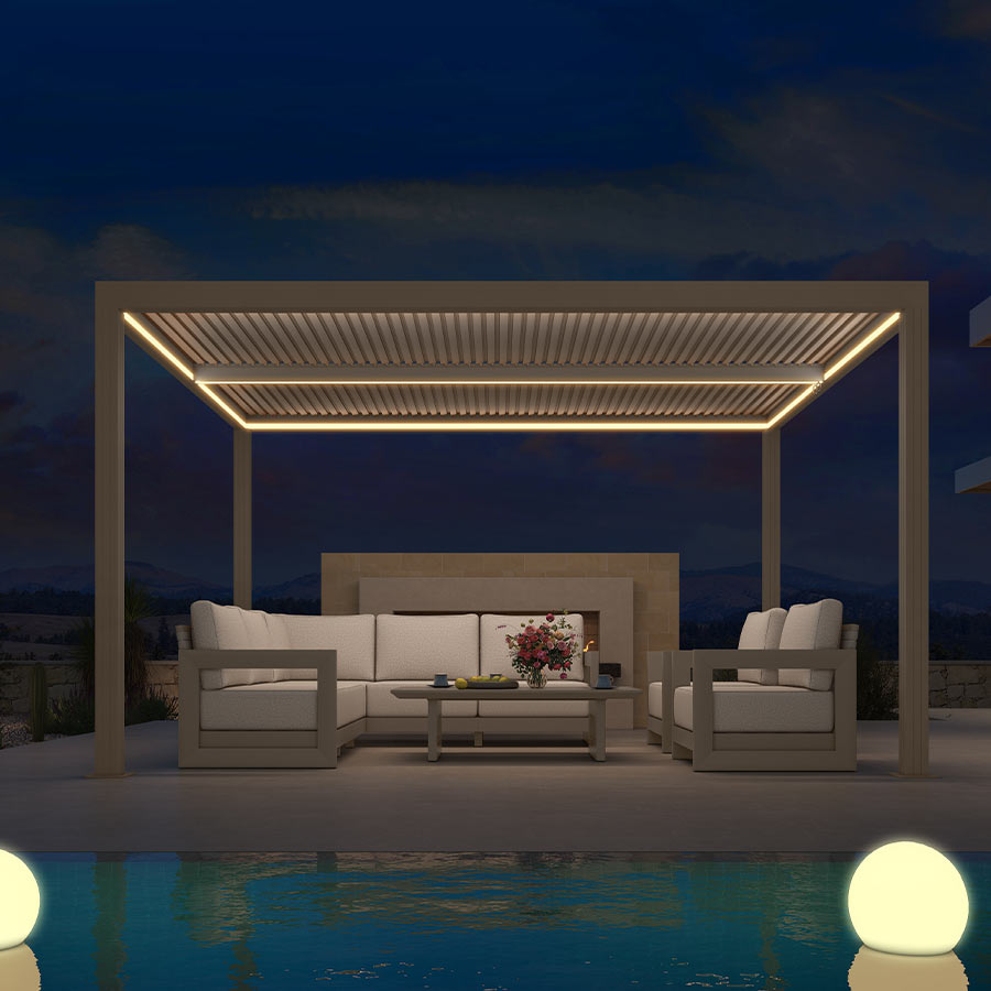PURPLE LEAF Athena – Pergola extérieure Champagne en aluminium à lames orientables avec rubans lumineux et toit réglable