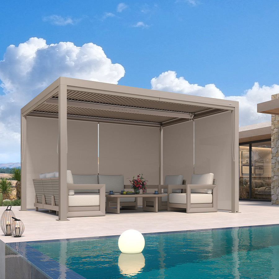 PURPLE LEAF Athena – Pergola extérieure Champagne en aluminium à lames orientables avec store enrouleur uni et toit réglable