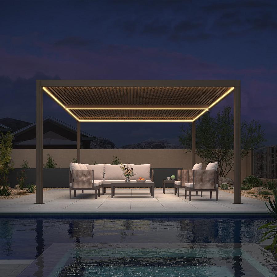 PURPLE LEAF Athena – Pergola extérieure bronze en aluminium à lames orientables avec rubans lumineux et toit réglable