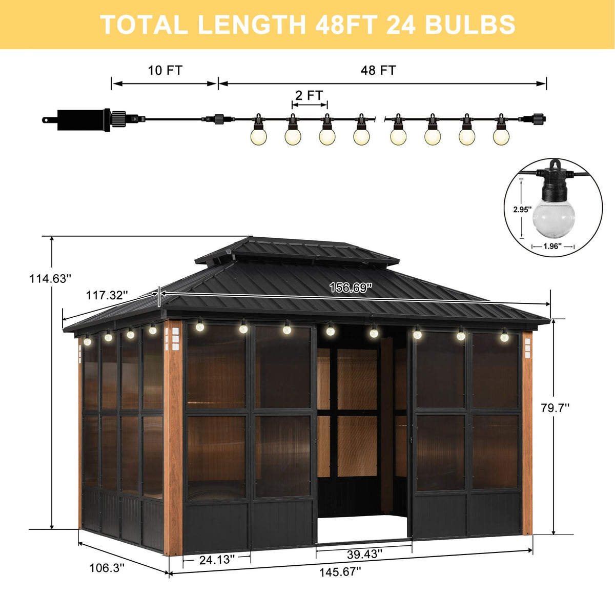 PURPLE LEAF – Pavillon-solarium à toit rigide avec colonnes effet bois, structure noire, double toit en acier galvanisé et guirlande lumineuse