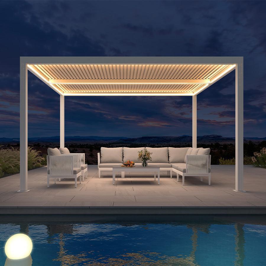 PURPLE LEAF Athena – Pergola extérieure blanche en aluminium à lames orientables avec rubans lumineux et toit réglable