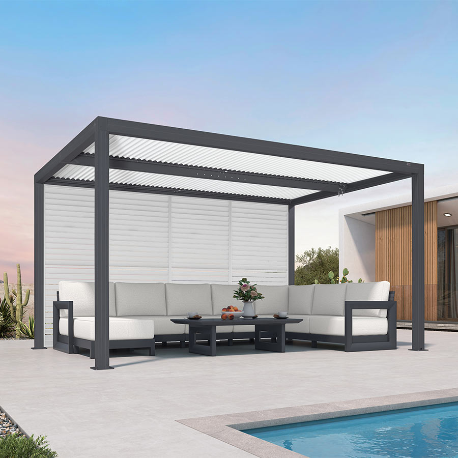 PURPLE LEAF Athena – Pergola extérieure grise en aluminium à lames orientables avec paroi à volets, réglable et étanche à la pluie
