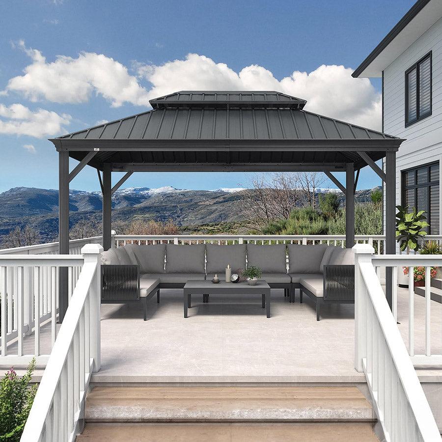 PURPLE LEAF – Pavillon de terrasse pour jardin, toit rigide gris en acier galvanisé (rideaux non inclus)