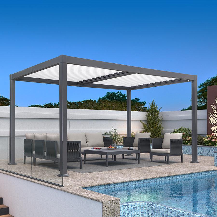PURPLE LEAF Caesar – Pergola extérieure à lames orientables avec toit rigide réglable, structure grise et toit blanc