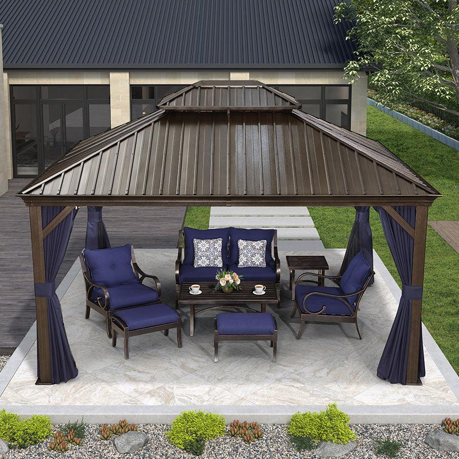 PURPLE LEAF – Pavillon extérieur à toit rigide pour terrasse, structure en aluminium bronze avec rideau bleu marine
