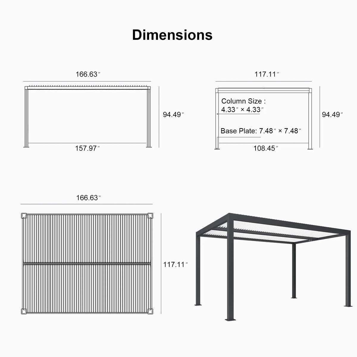 PURPLE LEAF Athena – Pergola extérieure grise en aluminium à lames orientables avec rubans lumineux et toit réglable